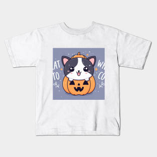 Happy cute cat kitty in a pumpkin smiling for halloween cartoon Kids T-Shirt